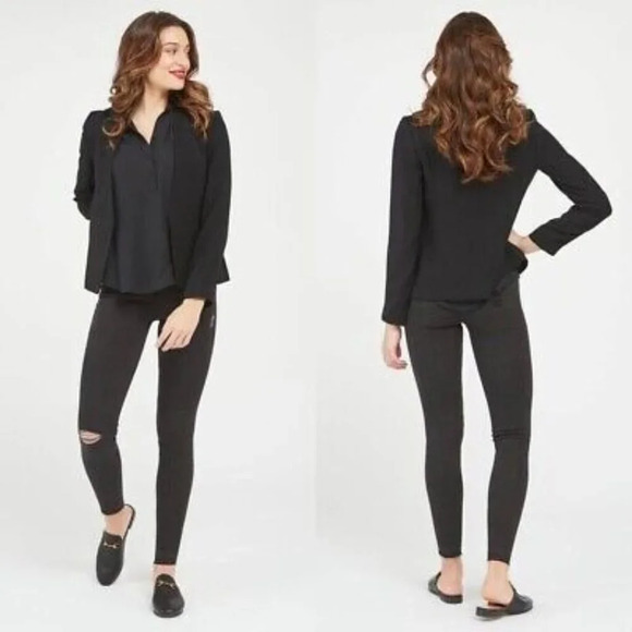 Spanx Black High Rise Distressed Pull On Skinny Jeans - Picture 1 of 4